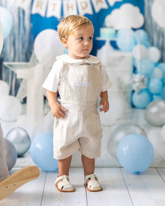 mace and co kids clothing dubai, linen fabric material dungaree shorts, for boys ages infant, toddler and kids up to seven years old, perfect for playtime, parties and casual wear.