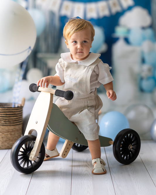 mace and co kids clothing dubai, linen fabric material dungaree shorts, for boys ages infant, toddler and kids up to seven years old, perfect for playtime, parties and casual wear.