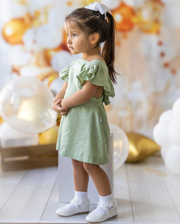 mace and co dubai kids linen material dress in mint green colour, open back design with frill sleeve, for girls, perfect for casual wear, special occasions and parties.