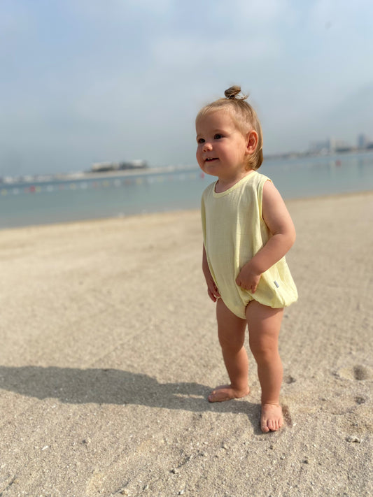 mace and co kids dubai linen romper in lemon colour, unisex, ages 12-18 months, perfect for casual wear, beach, playtime and parties